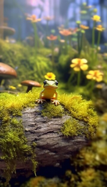 A frog sits on a log with a mushroom background.