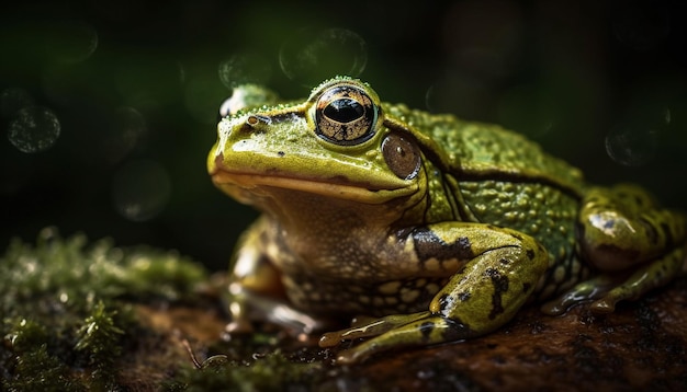 A frog sits on a log with the word frog on it