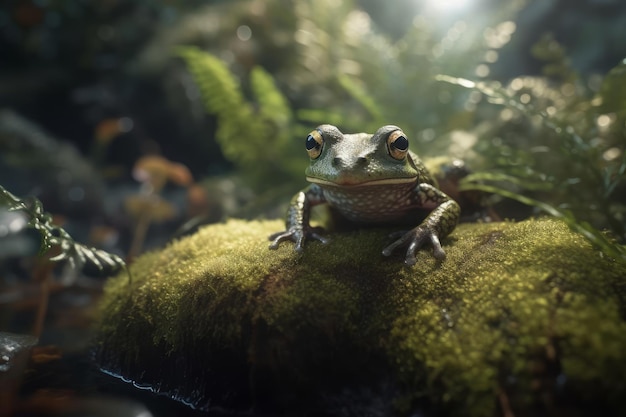 A frog sits on a moss covered log in a forest.