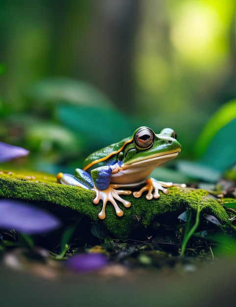 森の中で苔に覆われた丸太の上にカエルが座っています。