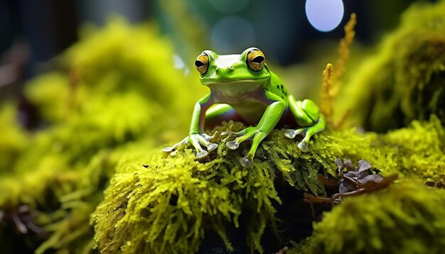 a frog sits on a mossy log with the background out of focus