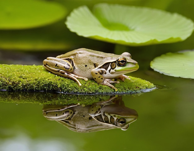 Photo a frog sits on a mossy log with a reflection of its reflection in the water