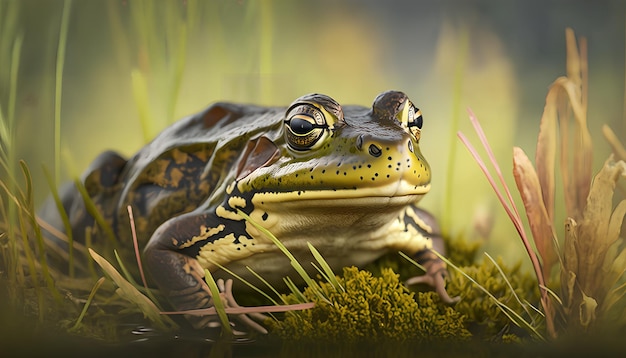 A frog sits on a mossy surface in front of a green background