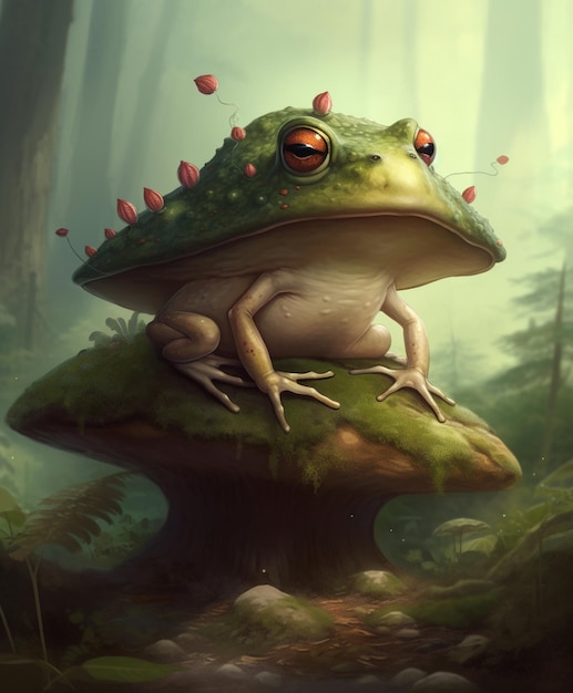 A frog sits on a mushroom in the forest.