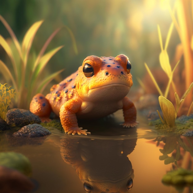 A frog sits in a pond with a colorful background.