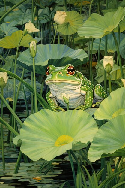 a frog sits in a pond with lily pads and leaves