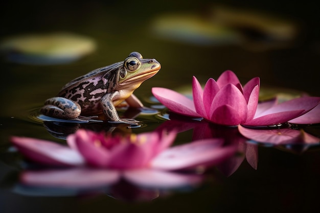 A frog sits in a pond with water lilies.