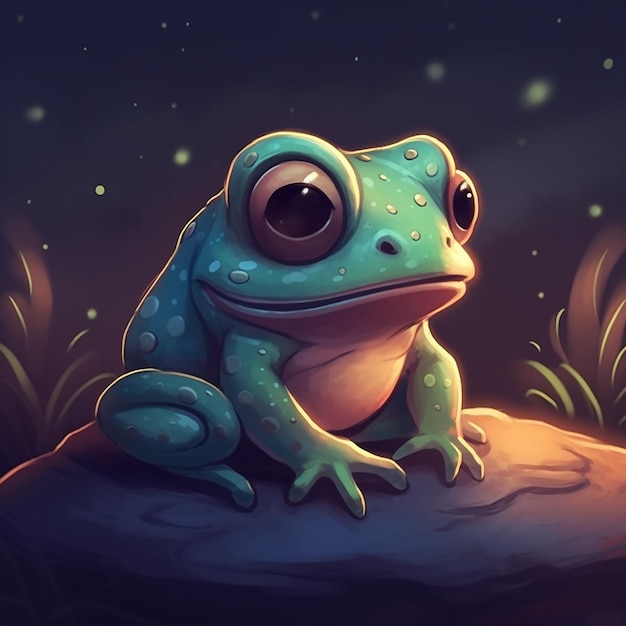 A frog sits on a rock in a dark night