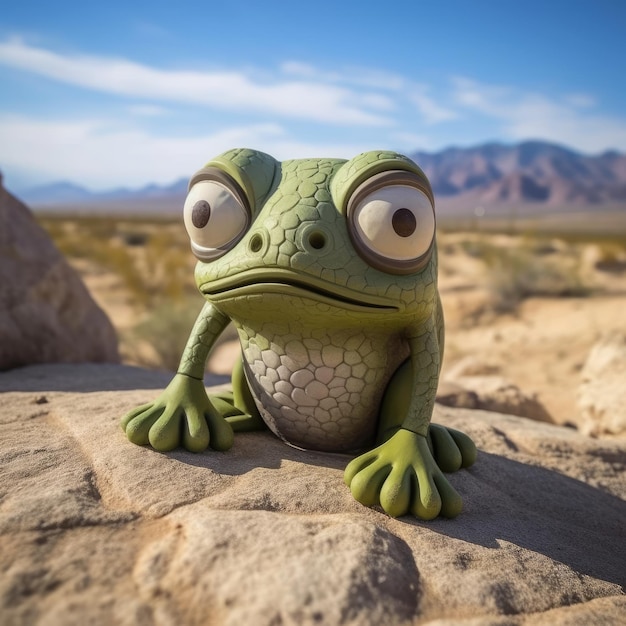 A frog sits on a rock in the desert.