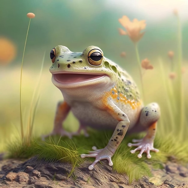 A frog sits on a rock in a field of flowers.