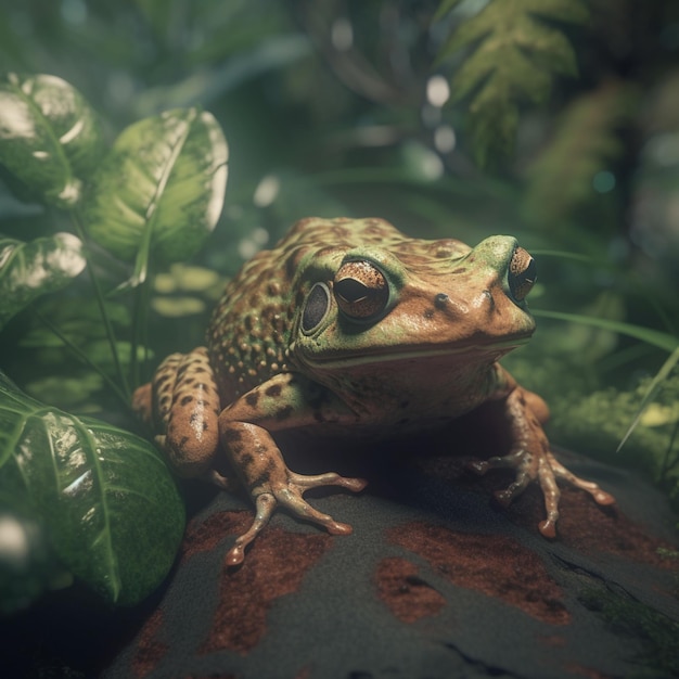 A frog sits on a rock in a jungle.