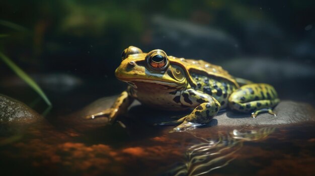 A frog sits on a rock in a pond.