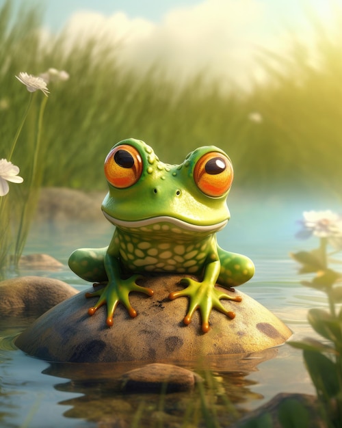 A frog sits on a rock in a pond.