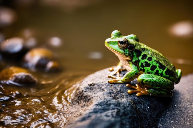 A frog sits on a rock in a stream.