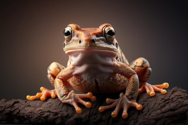 A frog sits on a rock with its eyes wide open.