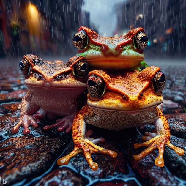 A frog sits on top of another frog in the rain.