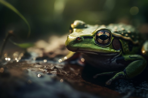 A frog sits in the water with the sun shining on it.