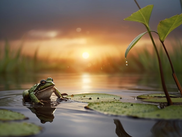 Photo a frog sits in the water with a sunset in the background