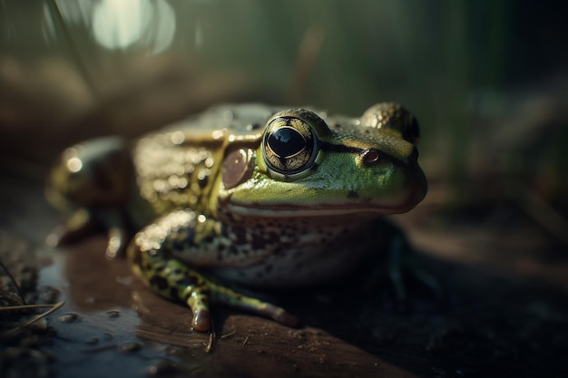 A frog sits in the water with the word frog on the bottom.