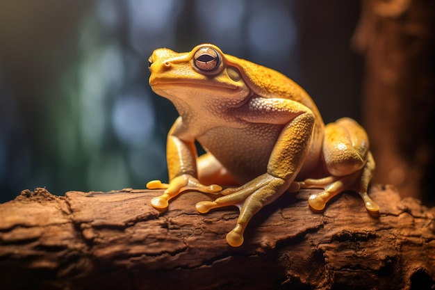 a frog sitting on a branch with a blurry background