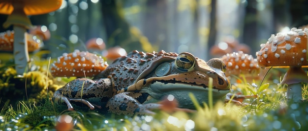 Photo frog sitting on a leaf in the pond with the morning sunlight shining down reflecting on the waters