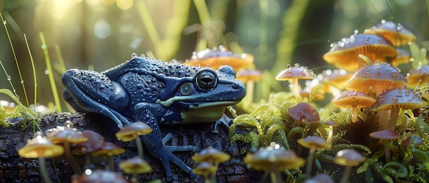 Frog sitting on a leaf in the pond with the morning sunlight shining down reflecting