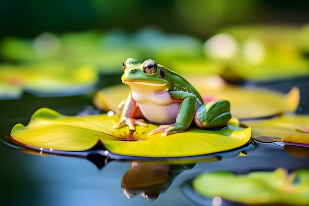 A frog sitting on a lily pad