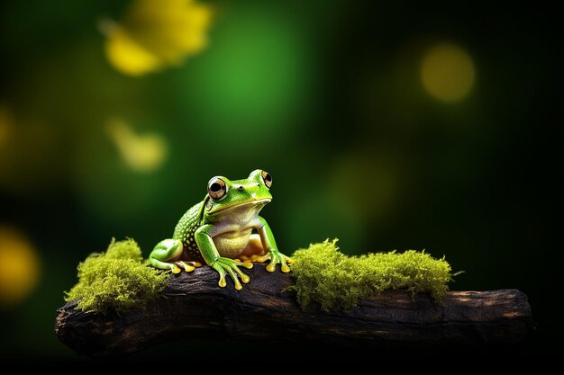 Frog sitting on a log in a shallow stream