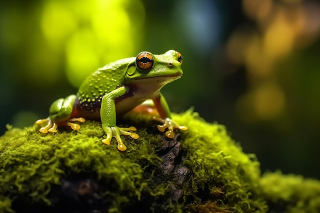 a frog sitting on a moss covered rock