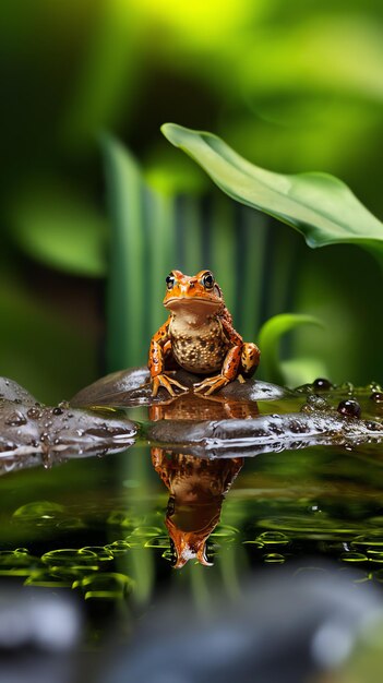 a frog sitting on a rock in water