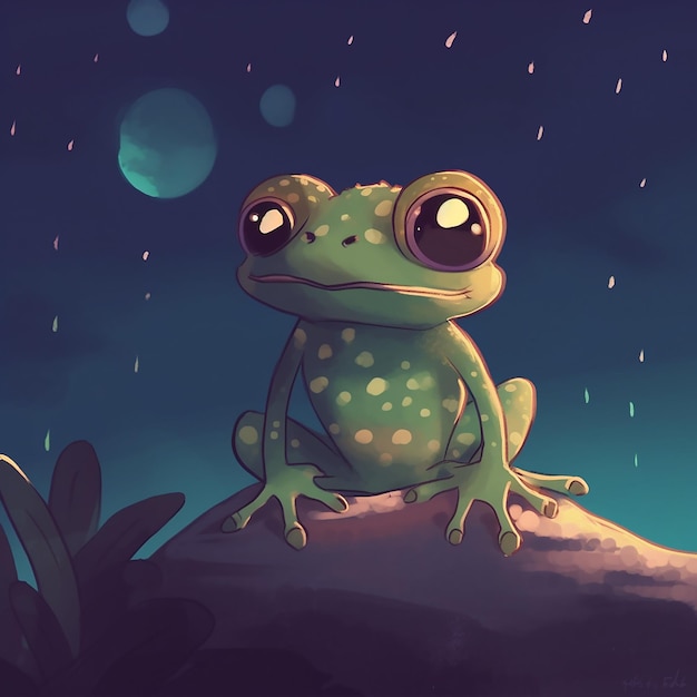 A frog sitting on a rock with the moon in the background.