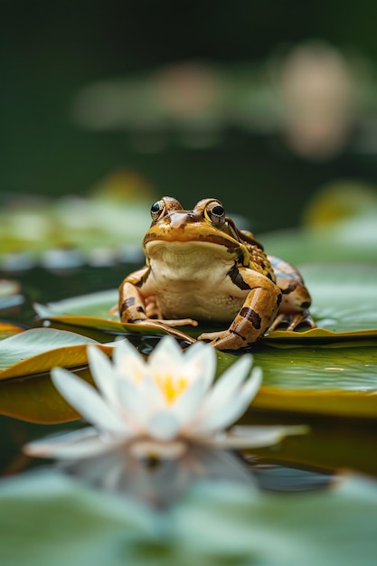 Photo a frog sitting still on a lily pad