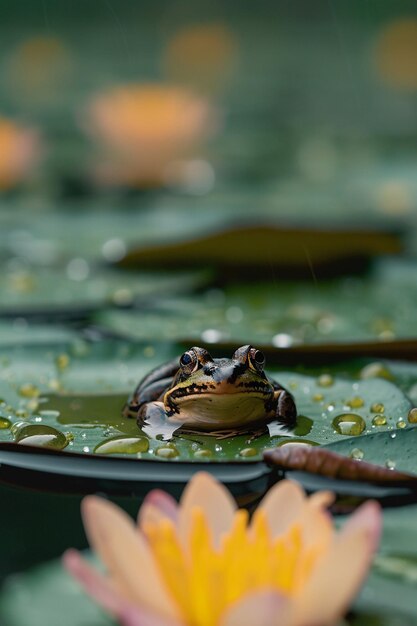 Photo a frog sitting still on a lily pad