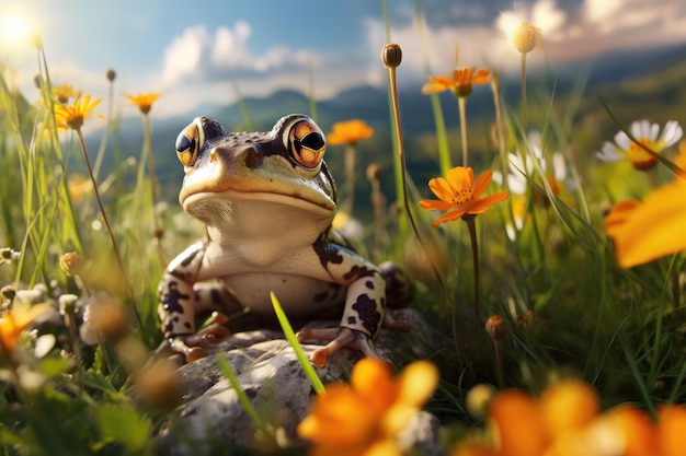 frog sitting on the stone in nature landscape near lake generative ai