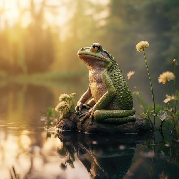 호수 생성 인공 지능 근처의 자연 풍경에 있는 돌 위에 앉아 있는 개구리