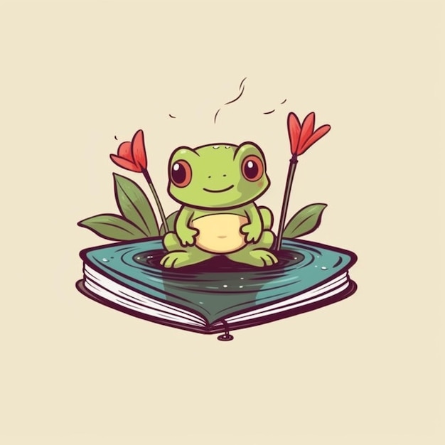 Photo a frog sitting on top of a book with a flower in its mouth generative ai