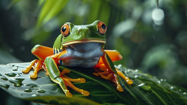 a frog sitting on top of a green leaf