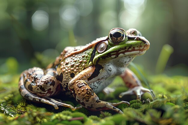 A frog sitting on top of a lush green field