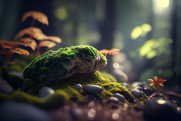 Frog sitting on top of a moss covered rock generative ai