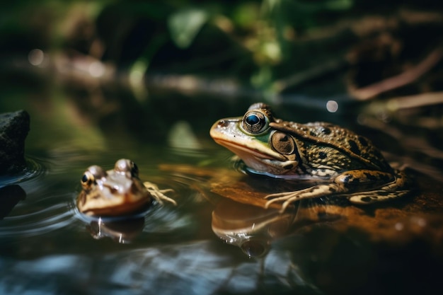 A frog sitting in the water next to another frog generative ai image