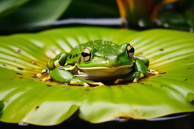 Frog sitting on a water lily pad at dawn