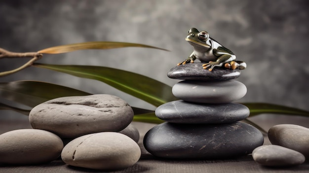 A frog on a stack of rocks with green leaves on it