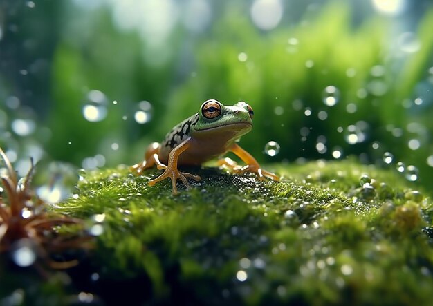 a frog standing over a reed in water