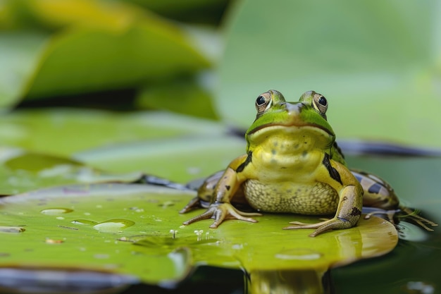 A frog striking a funny pose on a lily pad