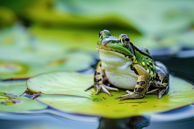 A frog striking a funny pose on a lily pad