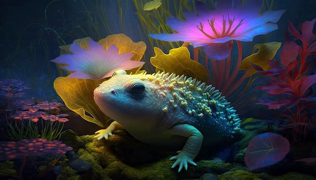 A frog in a tank with a colorful background