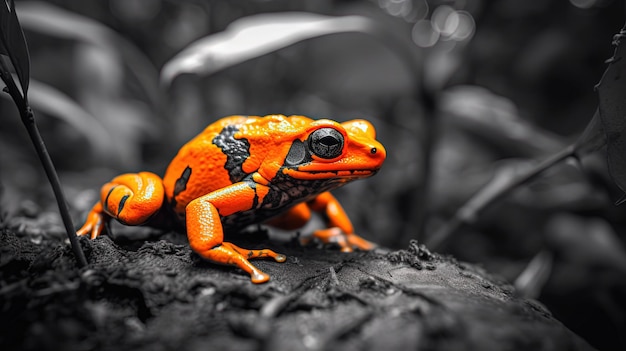 A frog that is orange and black with a black spot on the bottom.