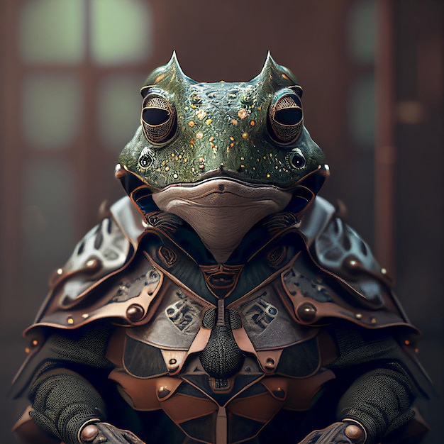 frog toad in cyberpunk futuristic robotic metal ancient rustic armour outfits