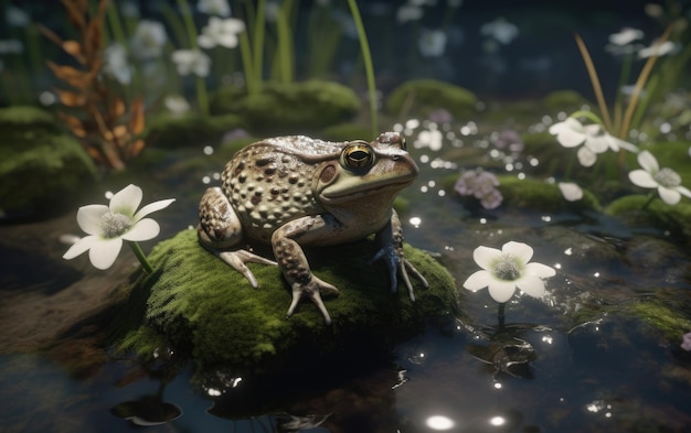 개구리나 두꺼비는 연못 늪 배경 열대 우림 개구리 인공 지능에 있는 릴리 패드에 앉아 있습니다.