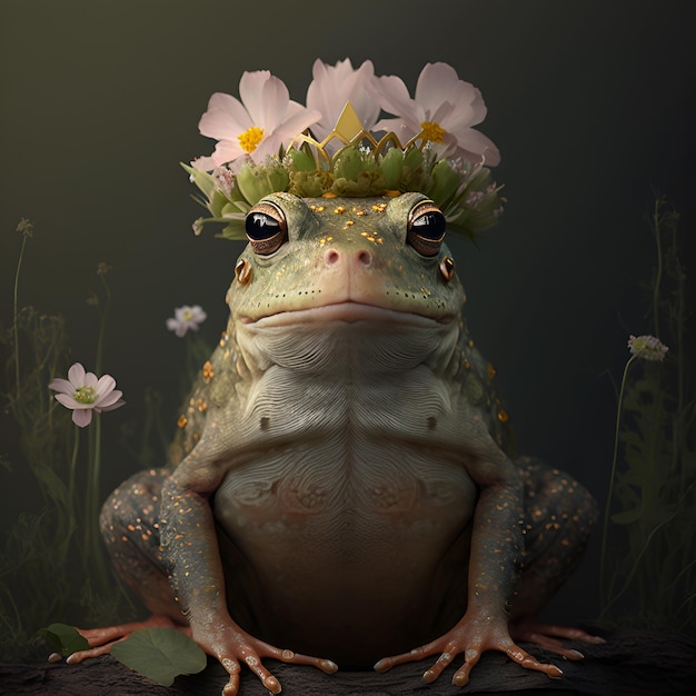 Photo frog toad with floral flora crown of blooming flowers